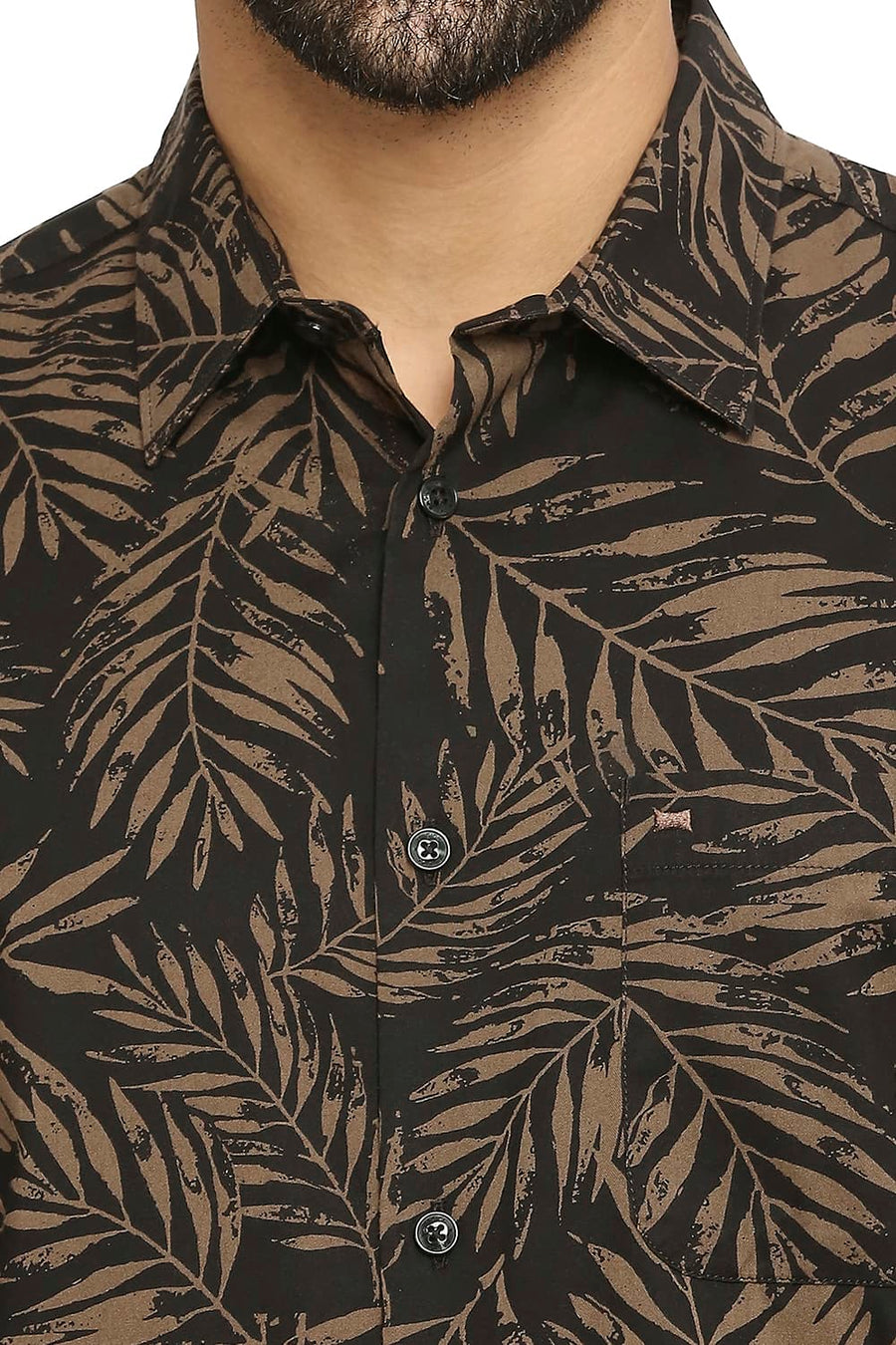 BASICS SLIM FIT OLIVE DRAB COTTON VISCOSE PRINTED SHIRT
