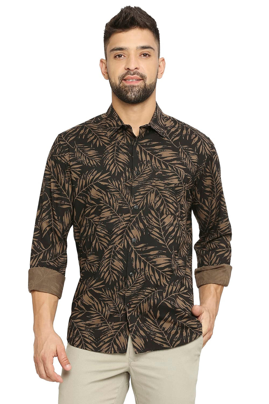 BASICS SLIM FIT OLIVE DRAB COTTON VISCOSE PRINTED SHIRT