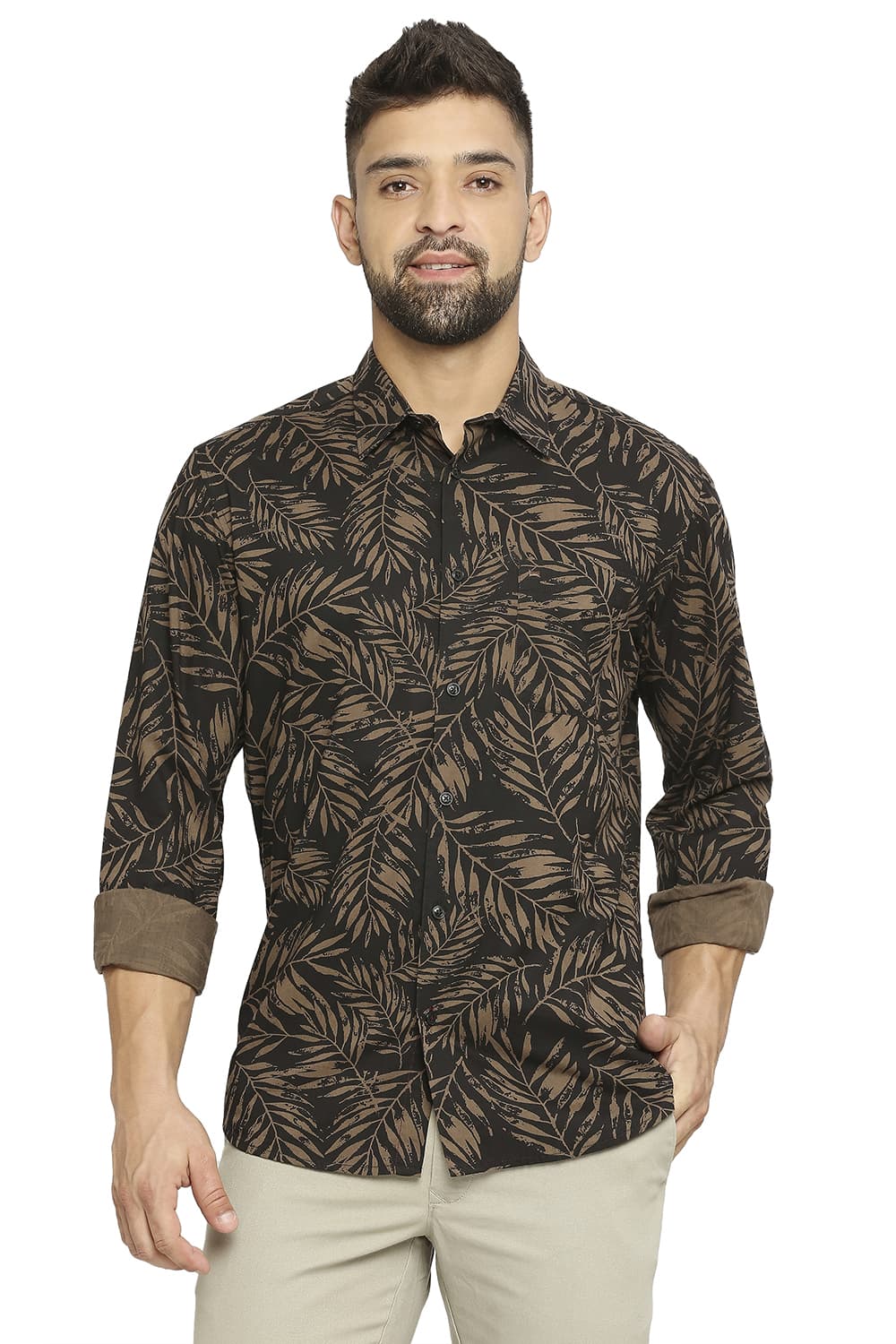 BASICS SLIM FIT COTTON VISCOSE PRINTED SHIRT