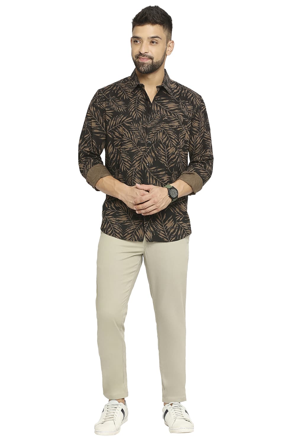 BASICS SLIM FIT COTTON VISCOSE PRINTED SHIRT