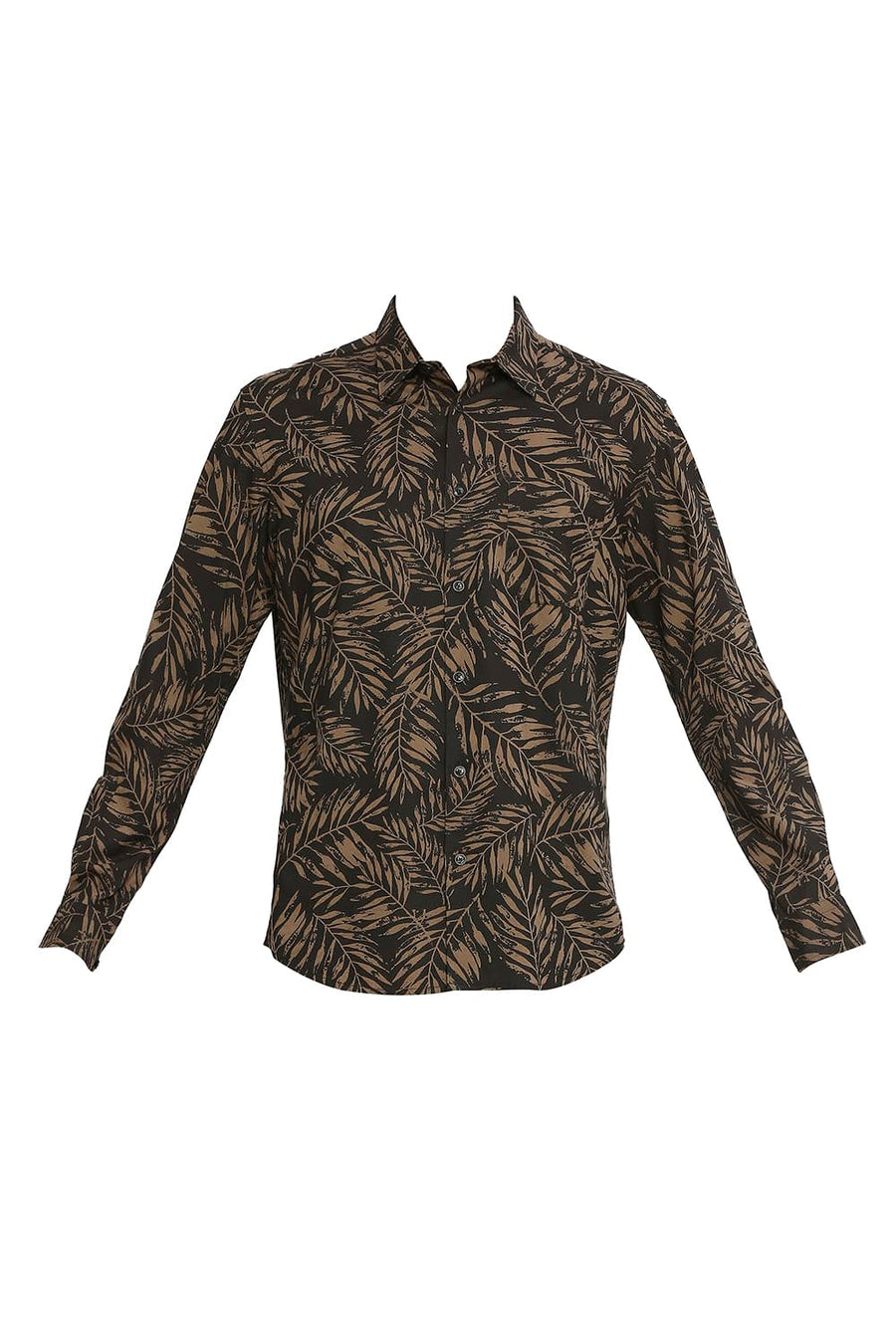 BASICS SLIM FIT OLIVE DRAB COTTON VISCOSE PRINTED SHIRT