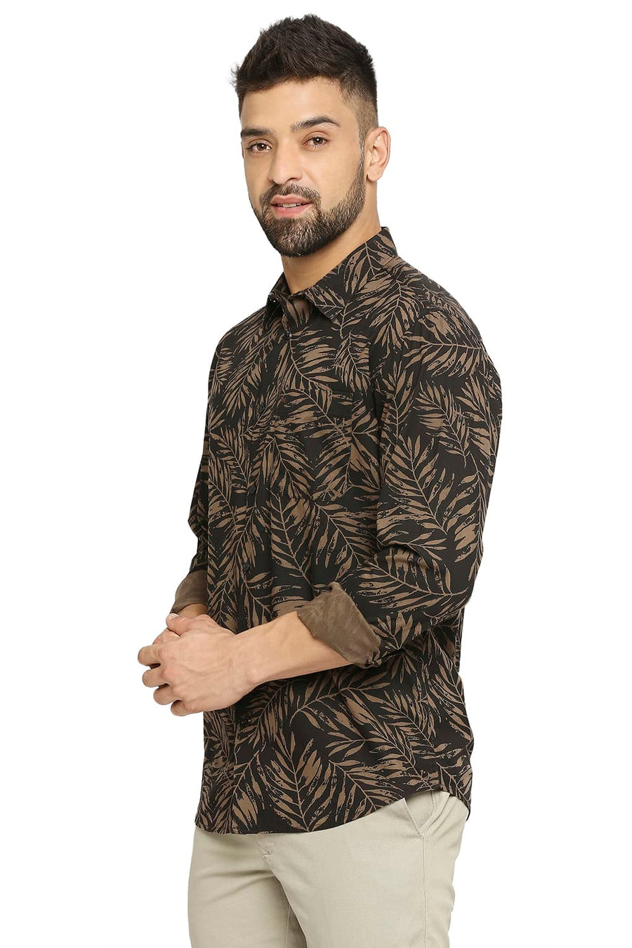 BASICS SLIM FIT OLIVE DRAB COTTON VISCOSE PRINTED SHIRT