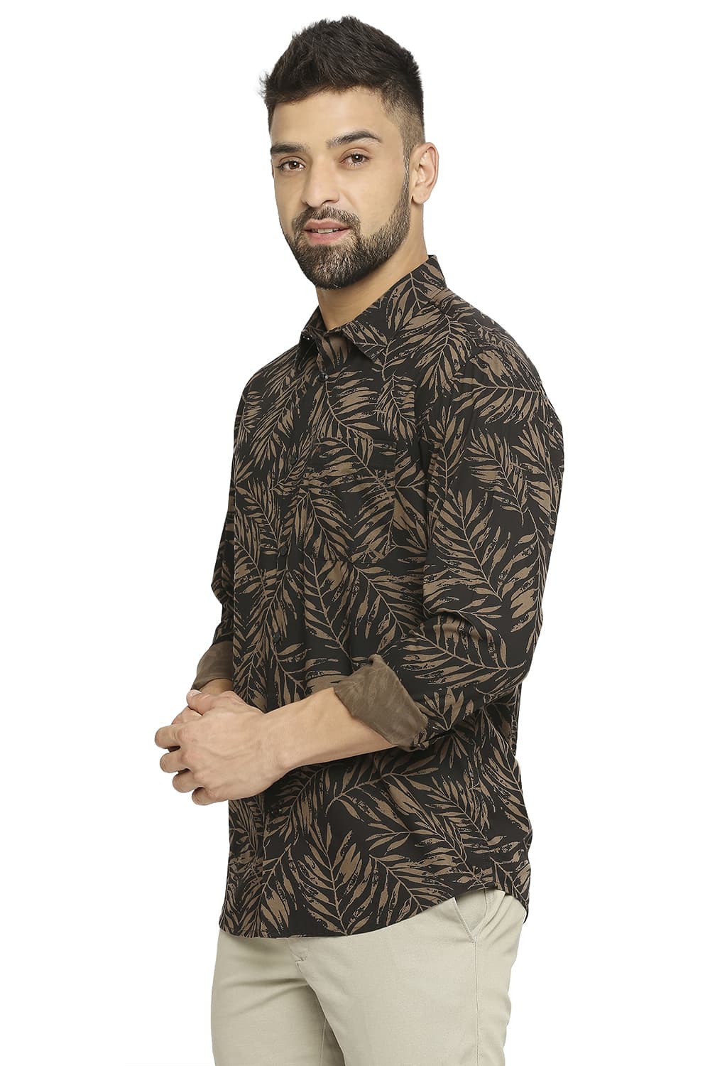 BASICS SLIM FIT COTTON VISCOSE PRINTED SHIRT