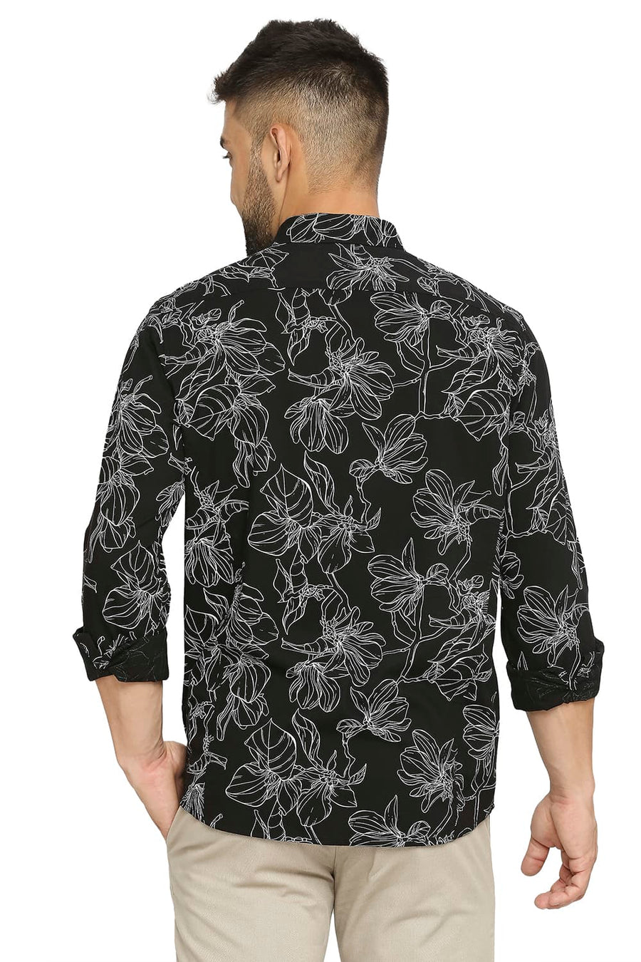 BASICS SLIM FIT CAVIAR BLACK COTTON VISCOSE PRINTED SHIRT