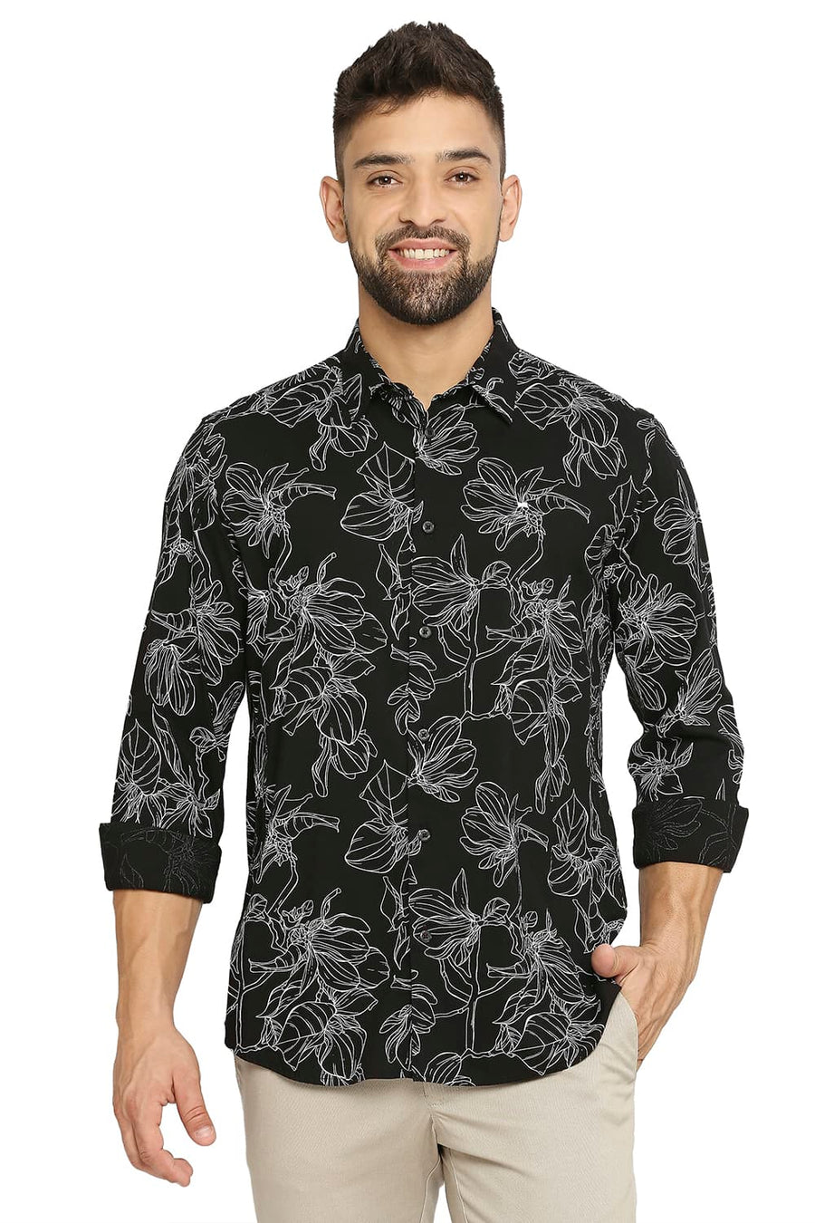 BASICS SLIM FIT CAVIAR BLACK COTTON VISCOSE PRINTED SHIRT