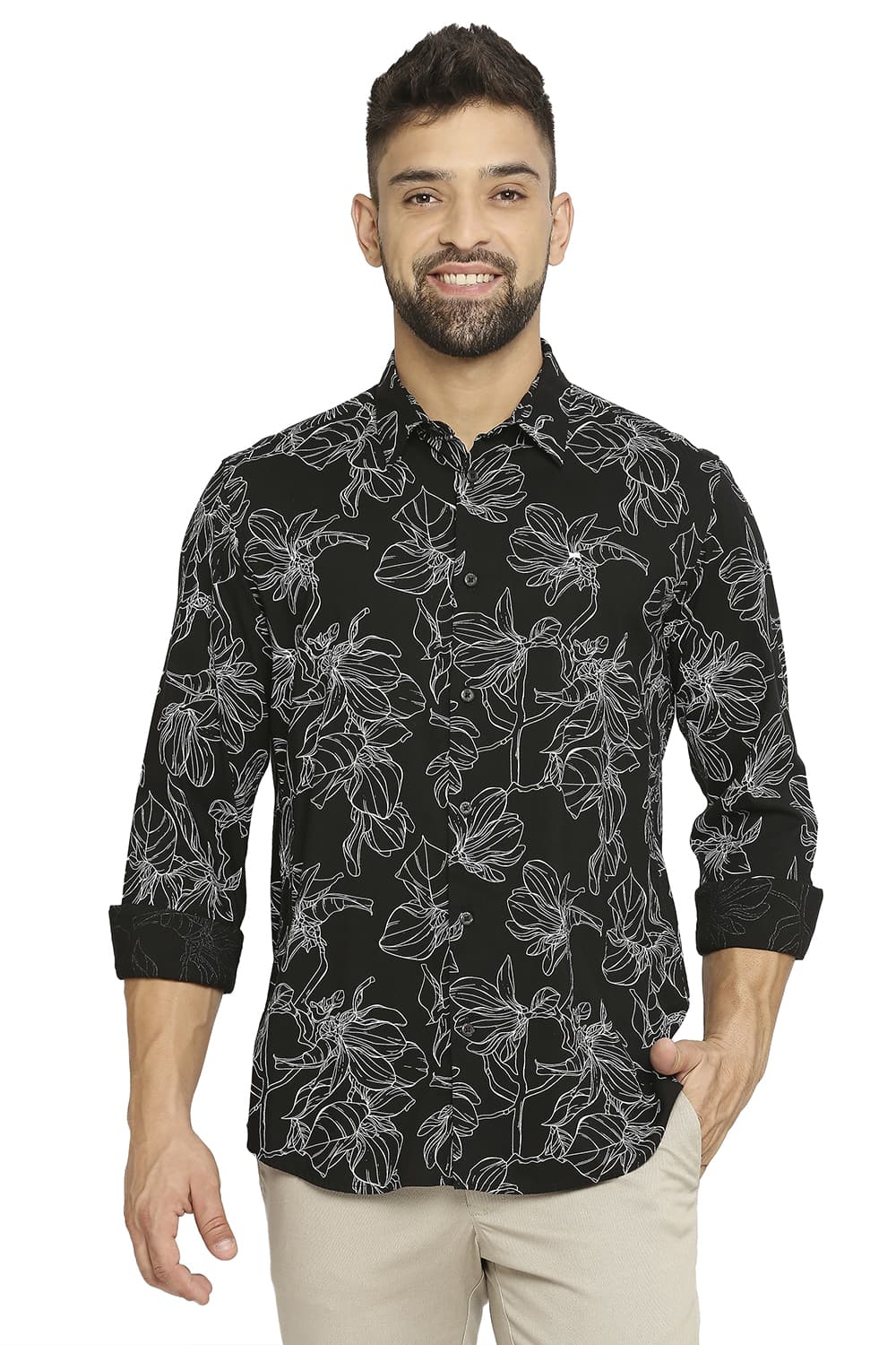 BASICS SLIM FIT COTTON VISCOSE PRINTED SHIRT