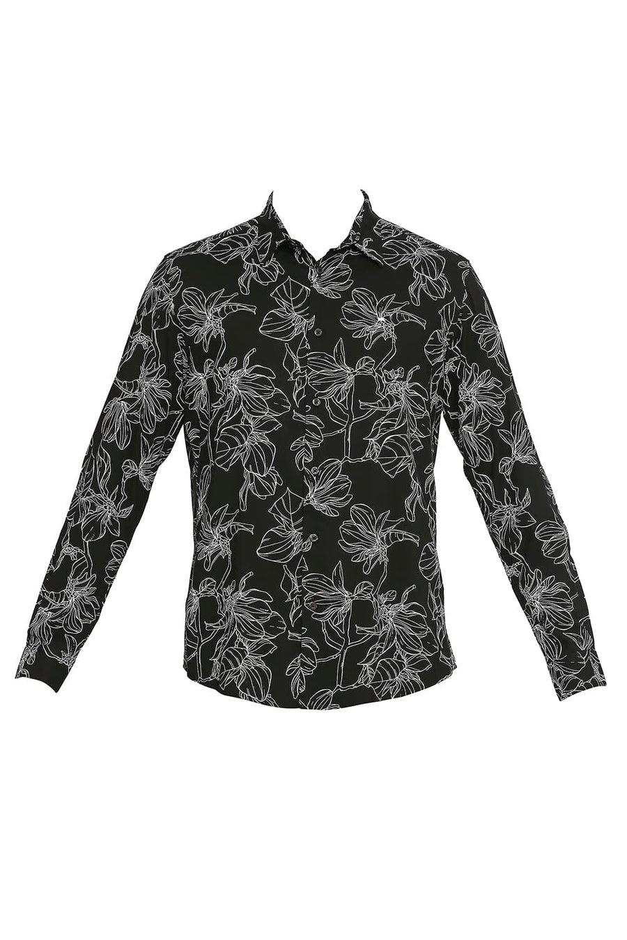 BASICS SLIM FIT CAVIAR BLACK COTTON VISCOSE PRINTED SHIRT