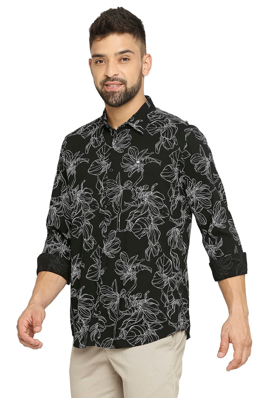 BASICS SLIM FIT CAVIAR BLACK COTTON VISCOSE PRINTED SHIRT
