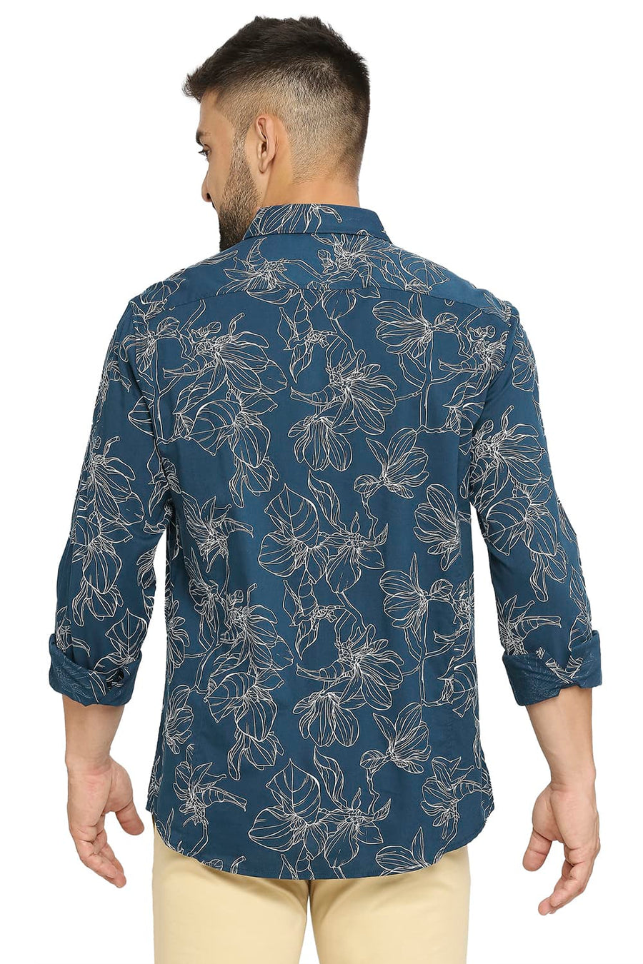 BASICS SLIM FIT STAR GAZER NAVY COTTON VISCOSE PRINTED SHIRT