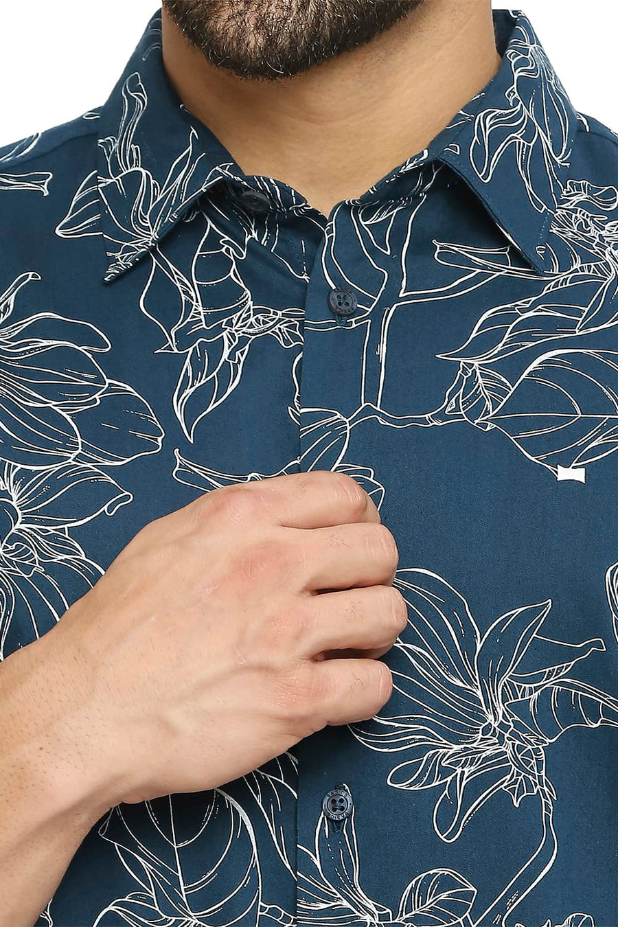 BASICS SLIM FIT STAR GAZER NAVY COTTON VISCOSE PRINTED SHIRT