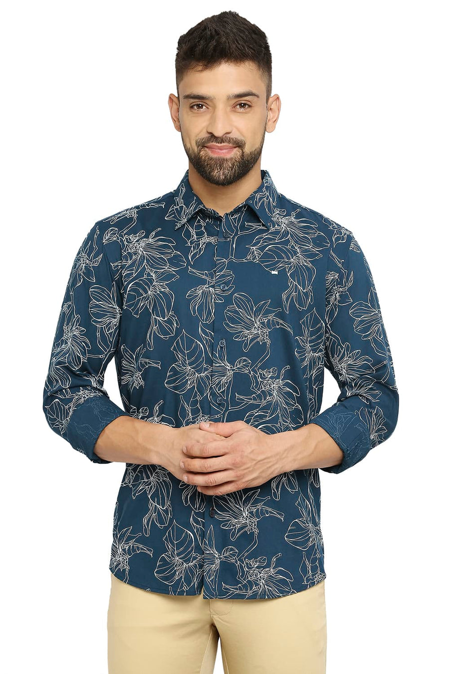 BASICS SLIM FIT STAR GAZER NAVY COTTON VISCOSE PRINTED SHIRT