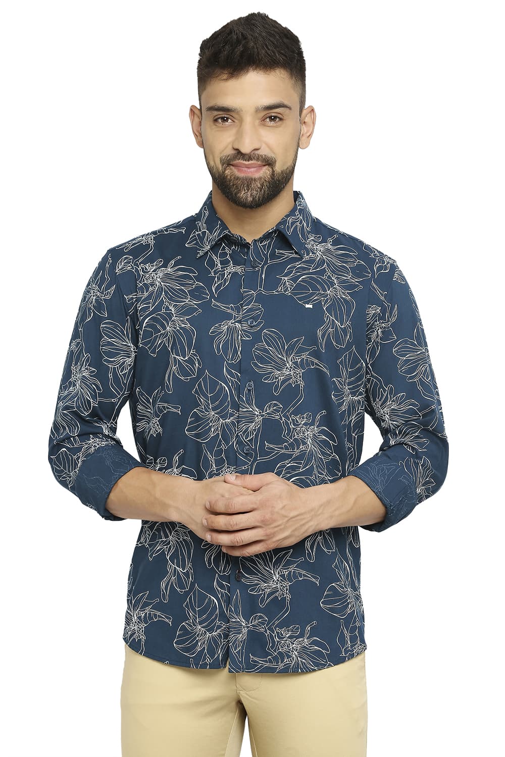 BASICS SLIM FIT COTTON VISCOSE PRINTED SHIRT