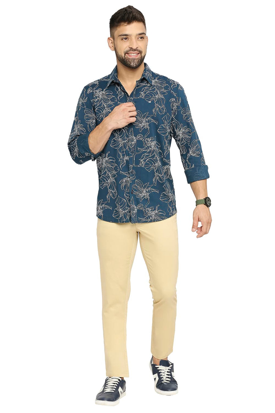 BASICS SLIM FIT STAR GAZER NAVY COTTON VISCOSE PRINTED SHIRT