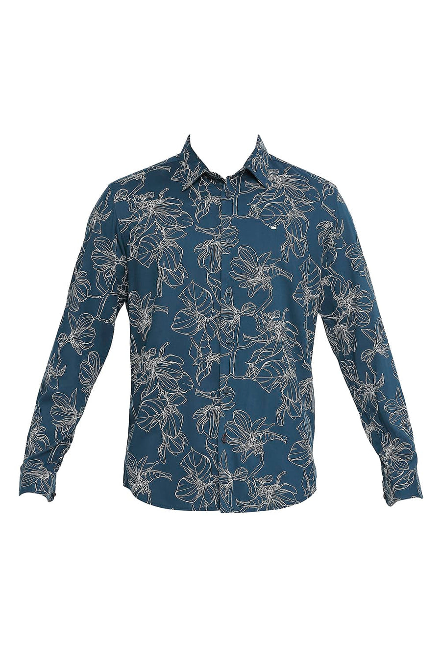 BASICS SLIM FIT STAR GAZER NAVY COTTON VISCOSE PRINTED SHIRT