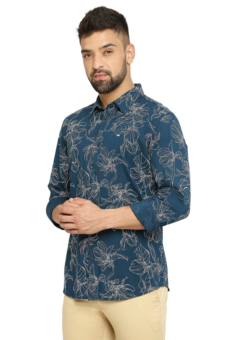 BASICS SLIM FIT STAR GAZER NAVY COTTON VISCOSE PRINTED SHIRT