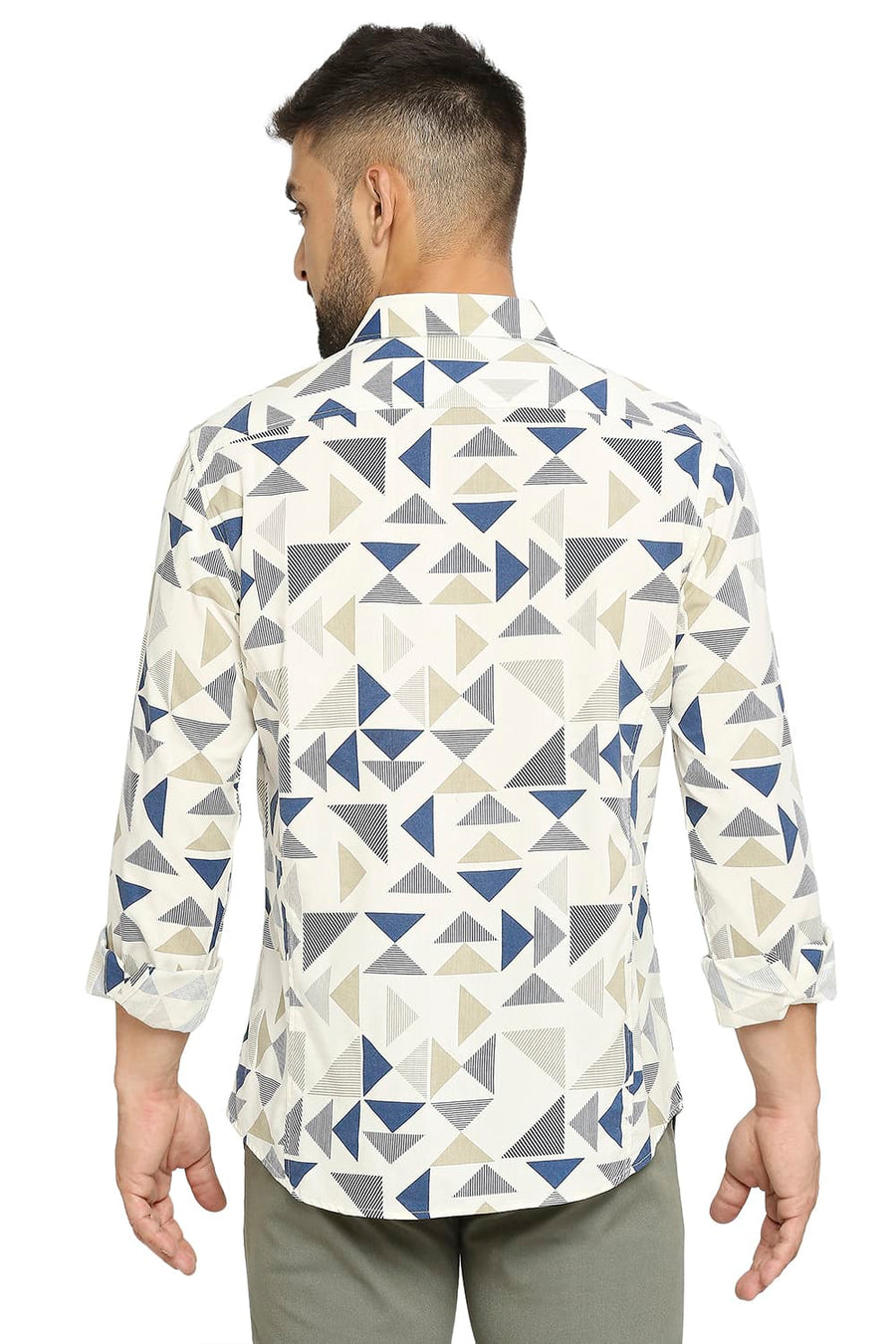 BASICS SLIM FIT BUTTER CREAM BEIGE COTTON VISCOSE PRINTED SHIRT