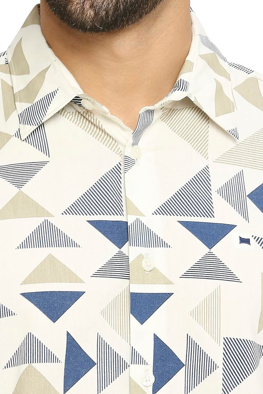 BASICS SLIM FIT BUTTER CREAM BEIGE COTTON VISCOSE PRINTED SHIRT