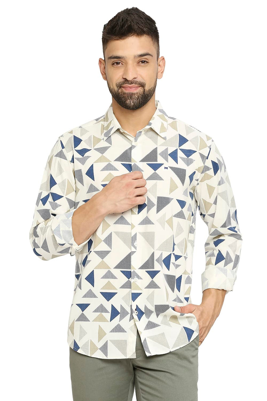 BASICS SLIM FIT BUTTER CREAM BEIGE COTTON VISCOSE PRINTED SHIRT