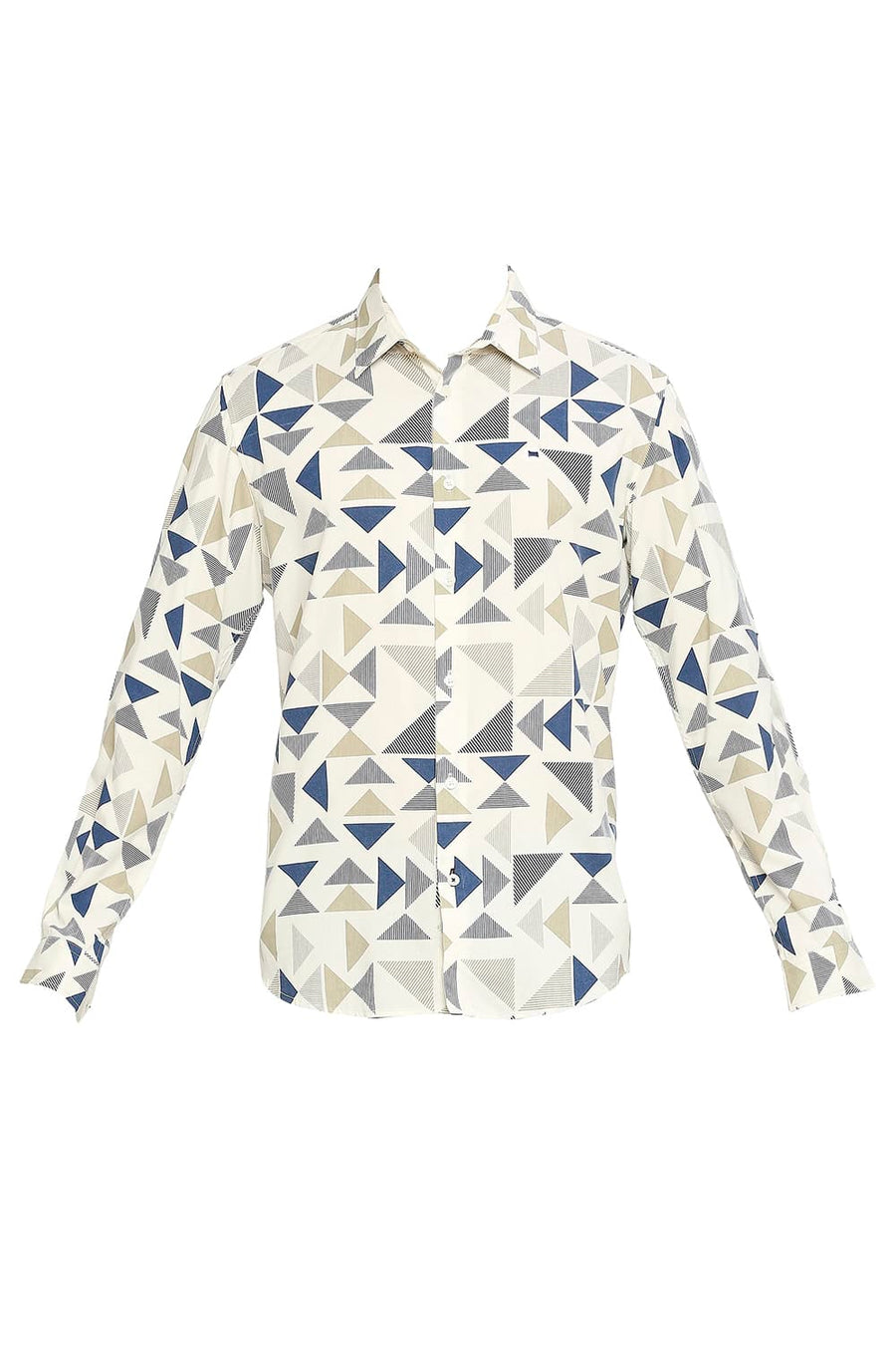 BASICS SLIM FIT BUTTER CREAM BEIGE COTTON VISCOSE PRINTED SHIRT