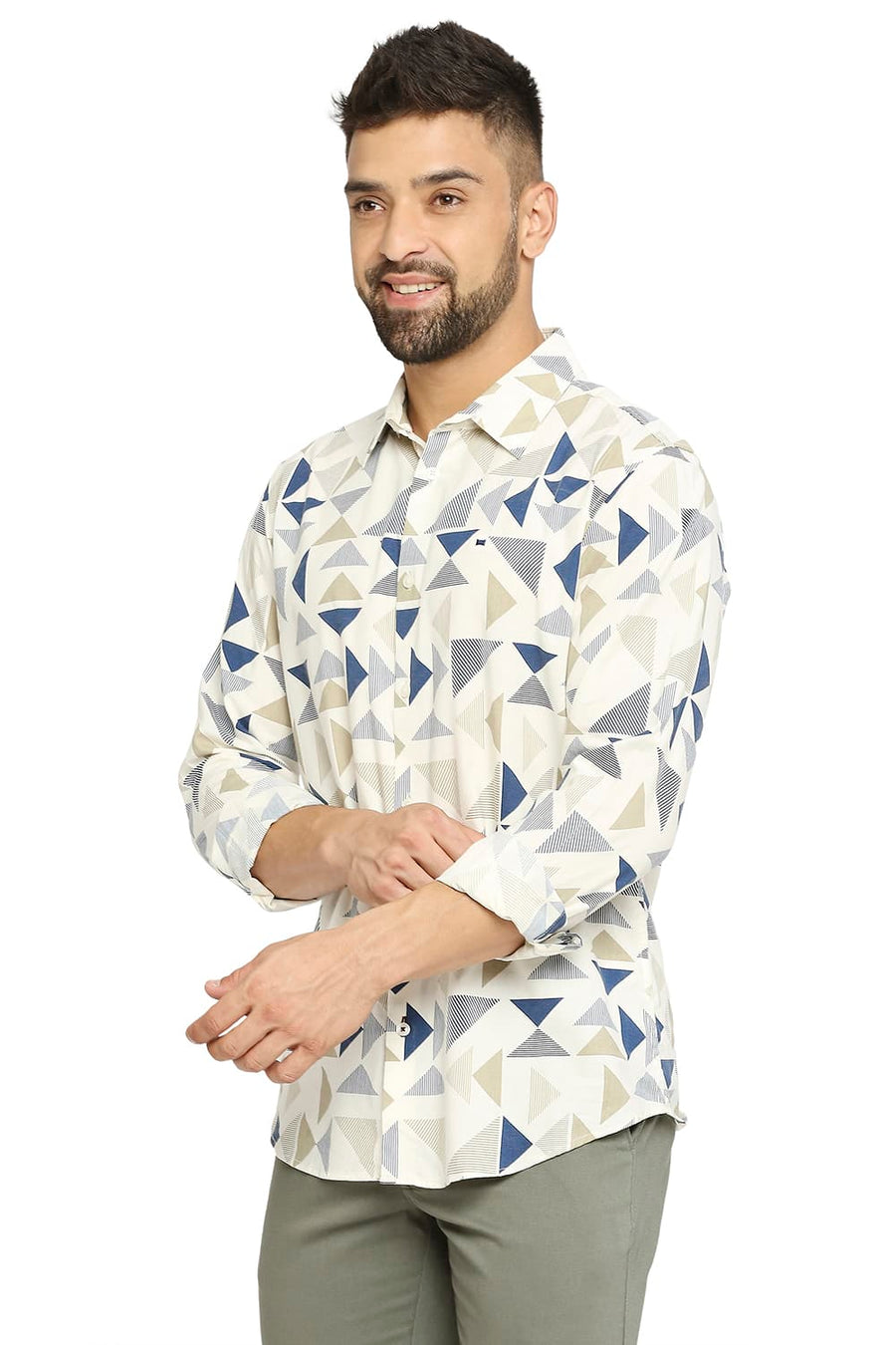 BASICS SLIM FIT BUTTER CREAM BEIGE COTTON VISCOSE PRINTED SHIRT