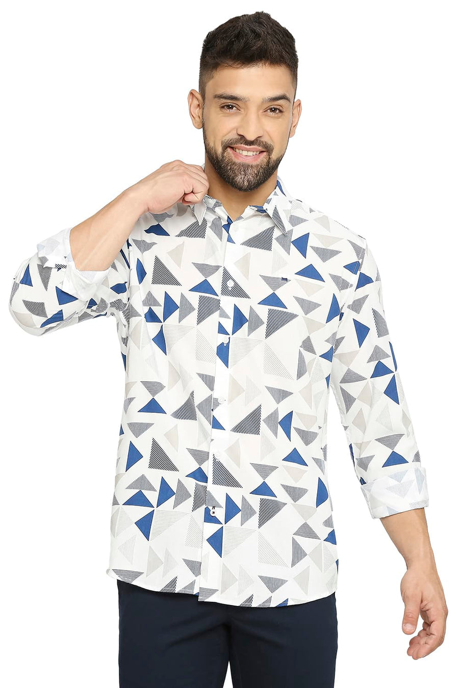 BASICS SLIM FIT SUGAR WHITE COTTON VISCOSE PRINTED SHIRT