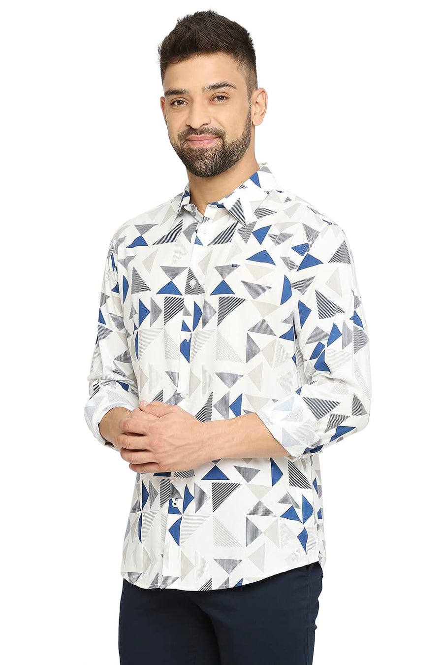 BASICS SLIM FIT SUGAR WHITE COTTON VISCOSE PRINTED SHIRT