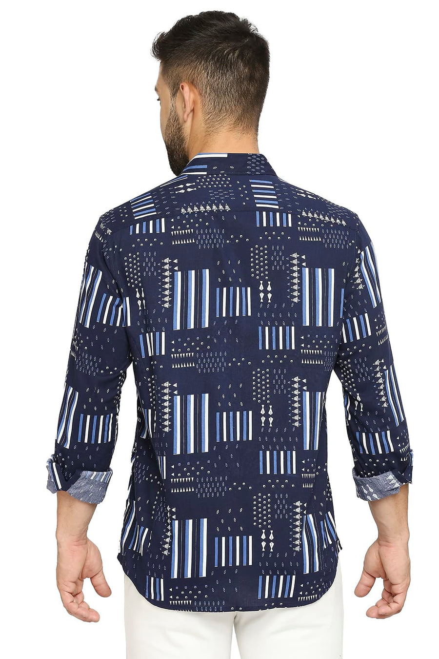 BASICS SLIM FIT NAVY SAPPHIRE COTTON VISCOSE PRINTED SHIRT