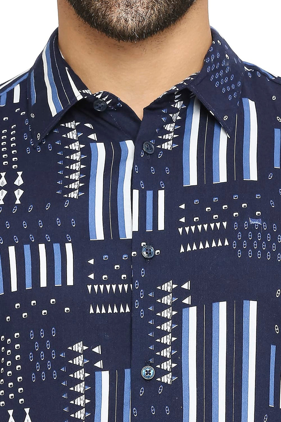 BASICS SLIM FIT NAVY SAPPHIRE COTTON VISCOSE PRINTED SHIRT