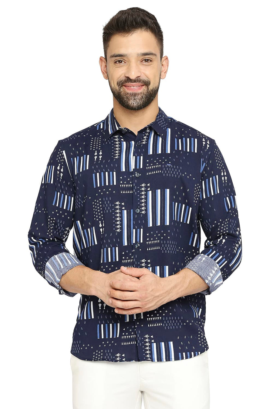 BASICS SLIM FIT NAVY SAPPHIRE COTTON VISCOSE PRINTED SHIRT
