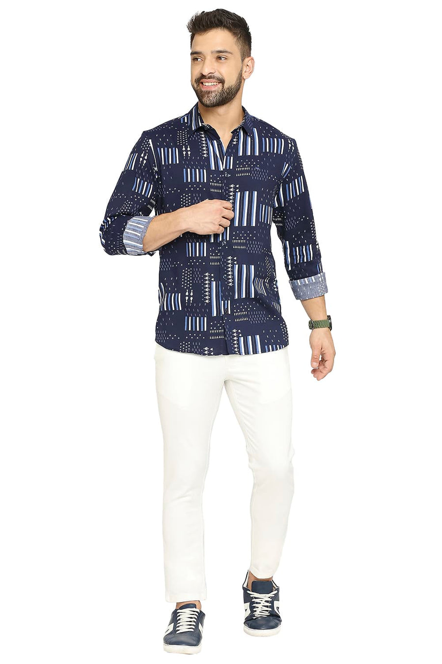 BASICS SLIM FIT NAVY SAPPHIRE COTTON VISCOSE PRINTED SHIRT