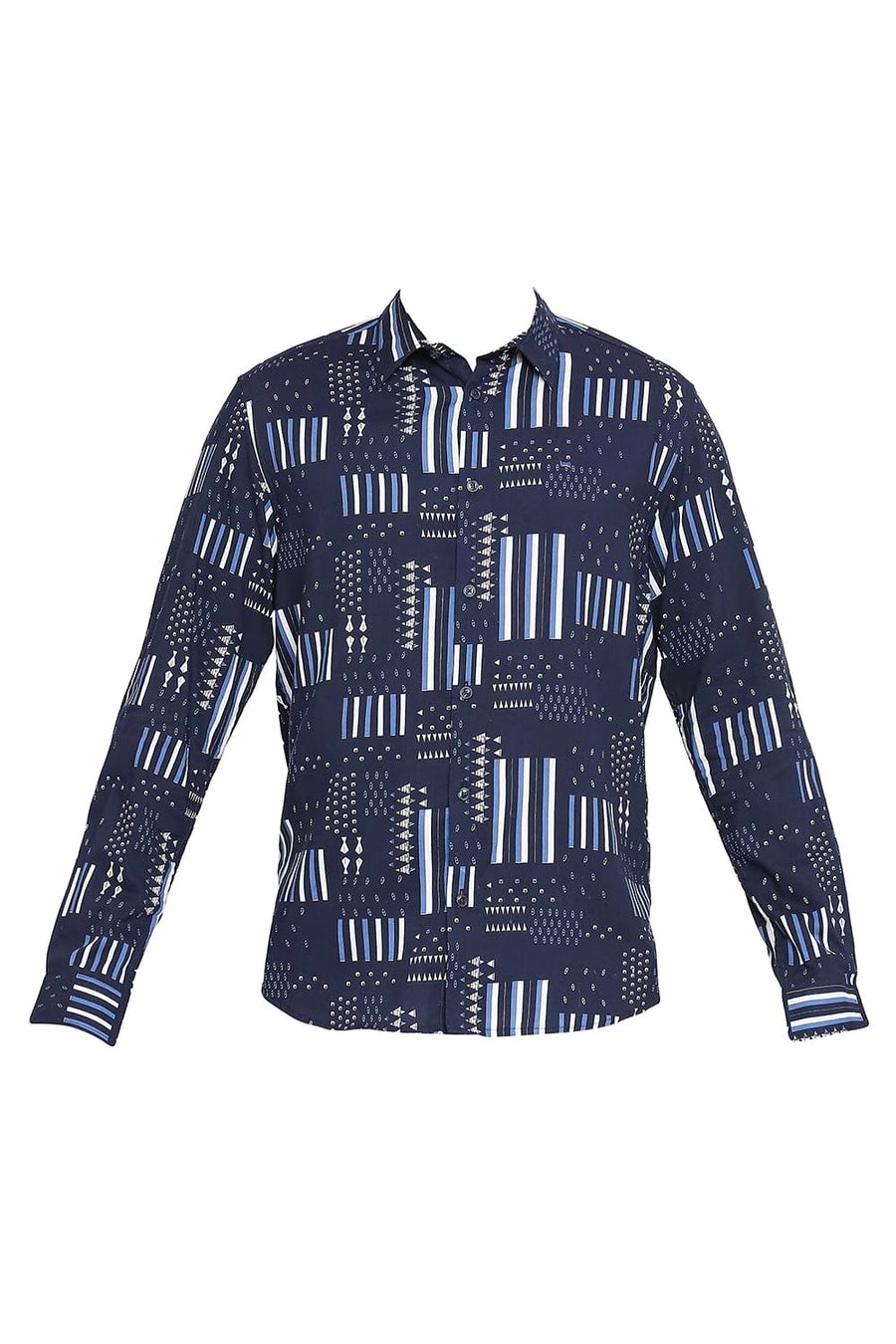 BASICS SLIM FIT NAVY SAPPHIRE COTTON VISCOSE PRINTED SHIRT