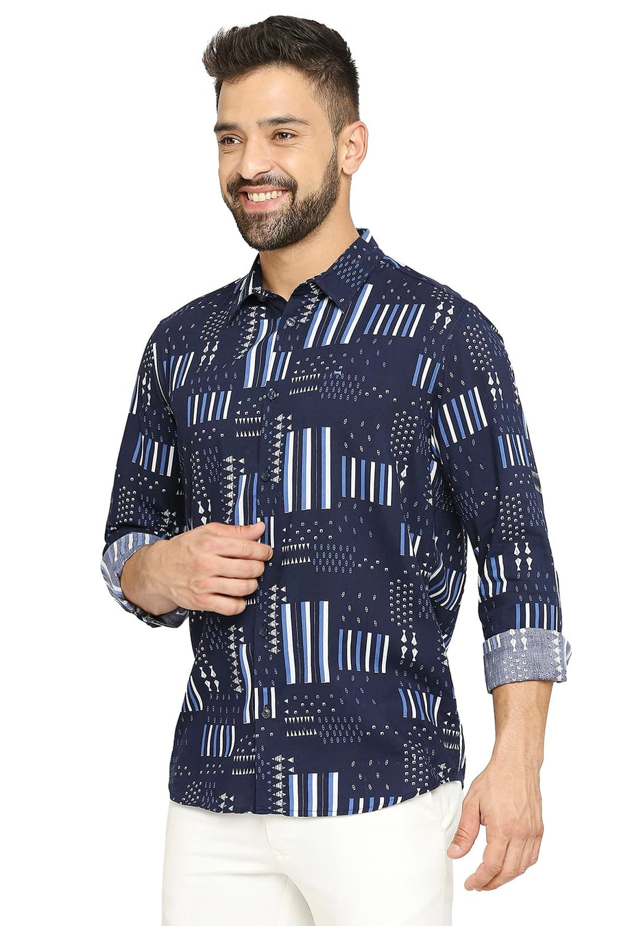 BASICS SLIM FIT NAVY SAPPHIRE COTTON VISCOSE PRINTED SHIRT