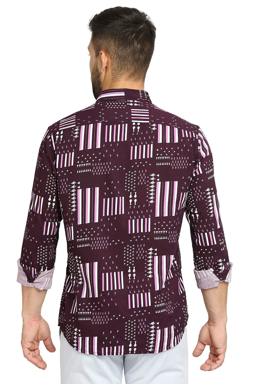 BASICS SLIM FIT MYSTERIOSO PURPLE COTTON VISCOSE PRINTED SHIRT