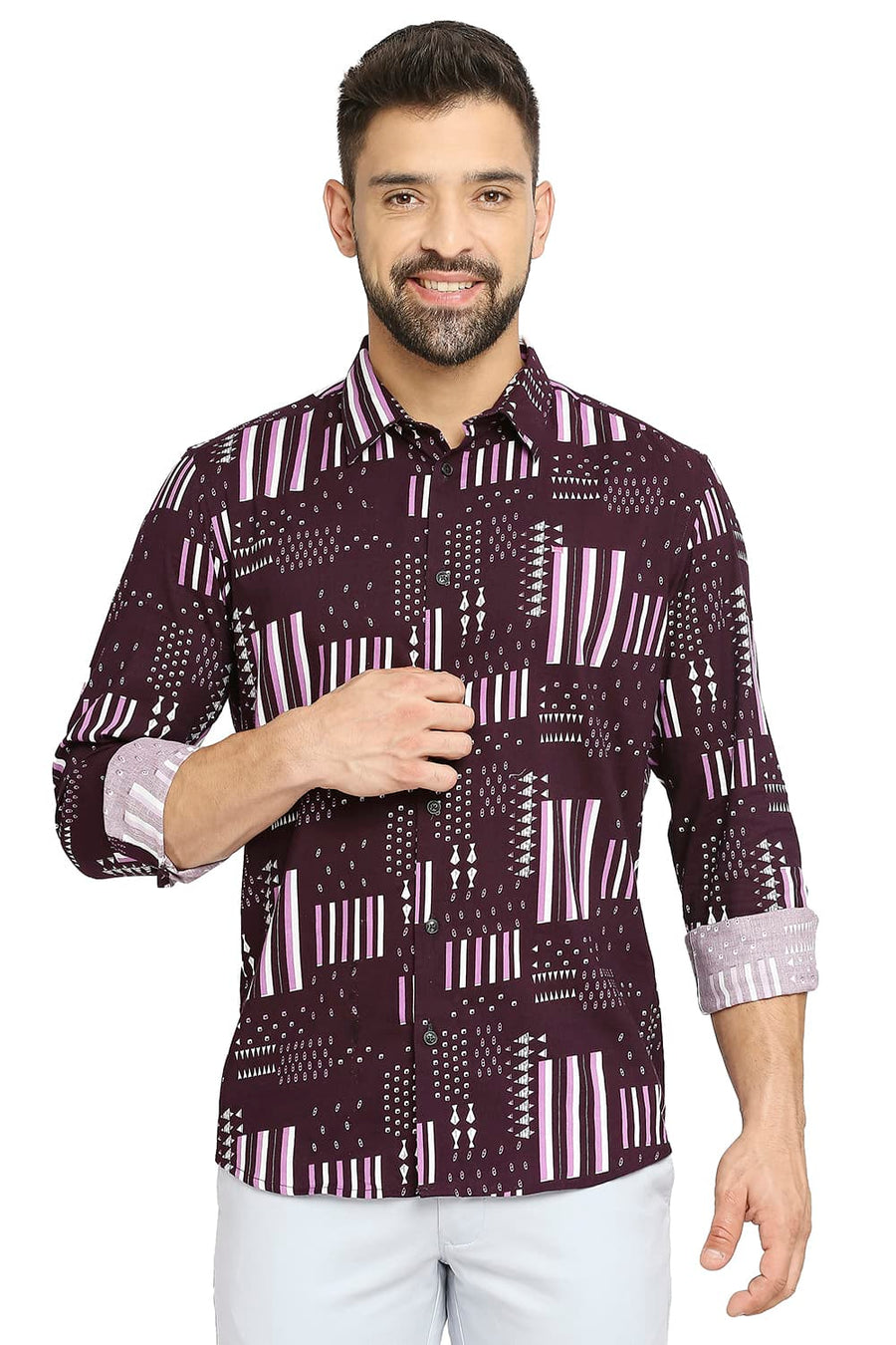 BASICS SLIM FIT MYSTERIOSO PURPLE COTTON VISCOSE PRINTED SHIRT