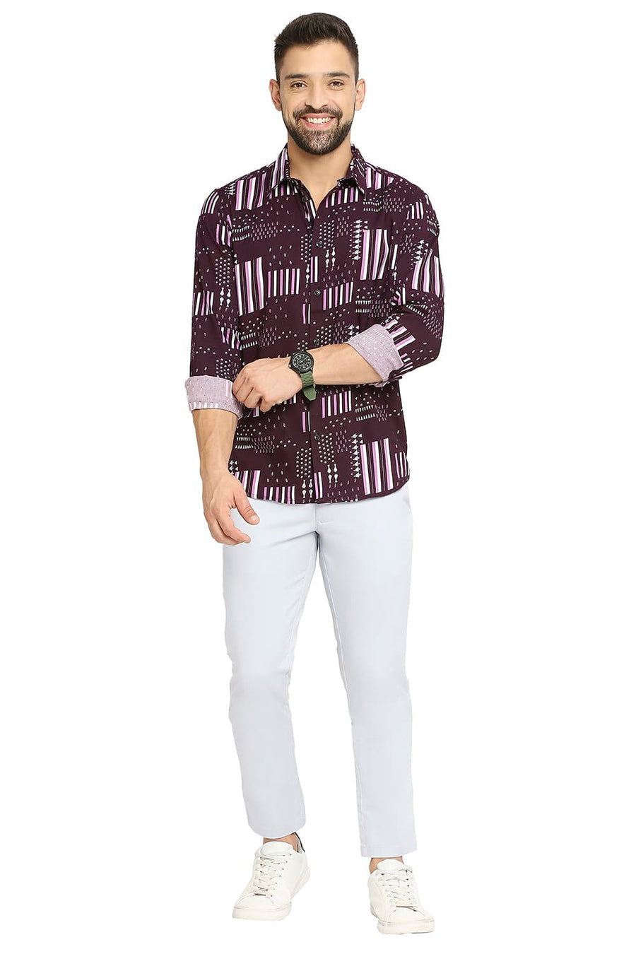 BASICS SLIM FIT MYSTERIOSO PURPLE COTTON VISCOSE PRINTED SHIRT
