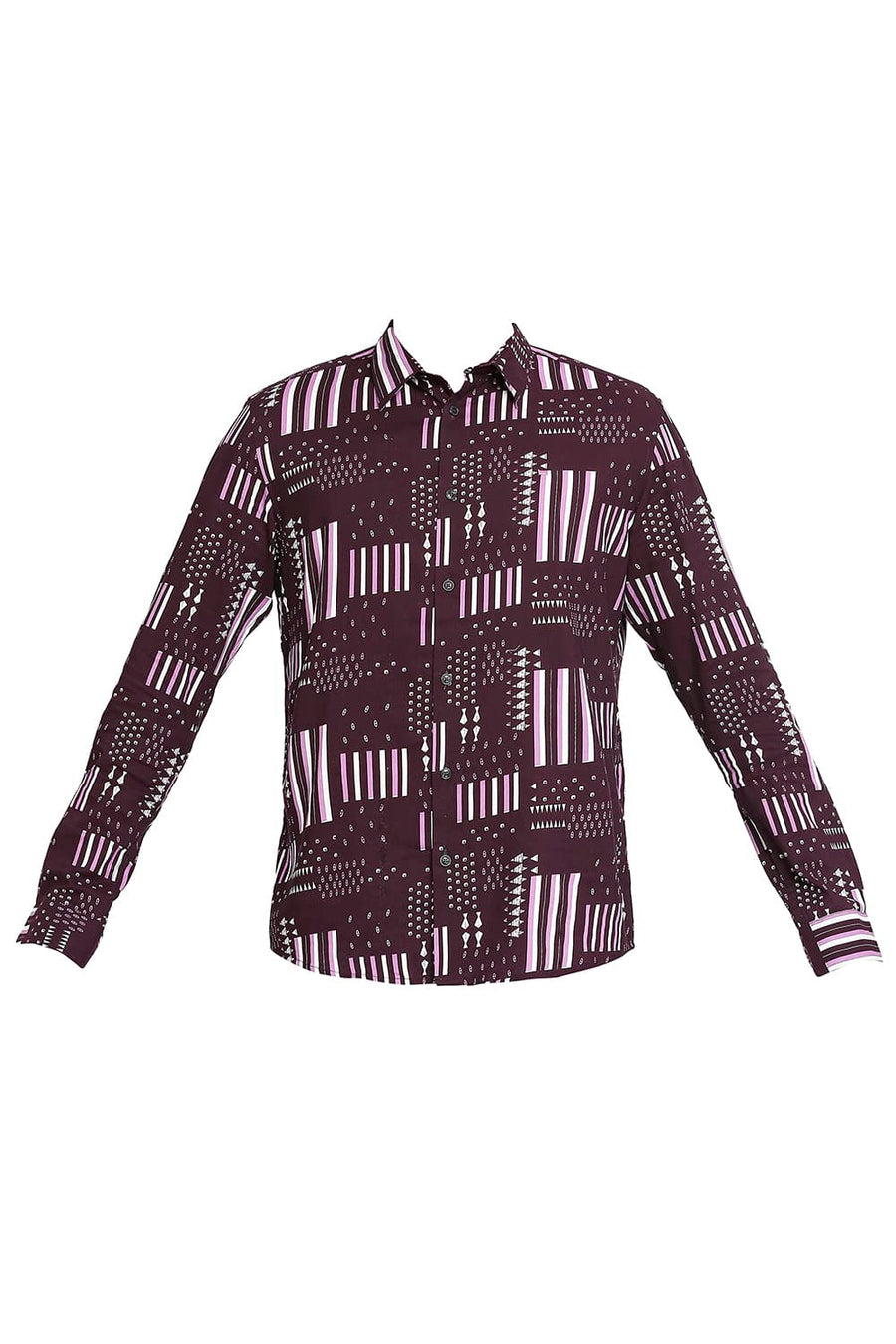 BASICS SLIM FIT MYSTERIOSO PURPLE COTTON VISCOSE PRINTED SHIRT