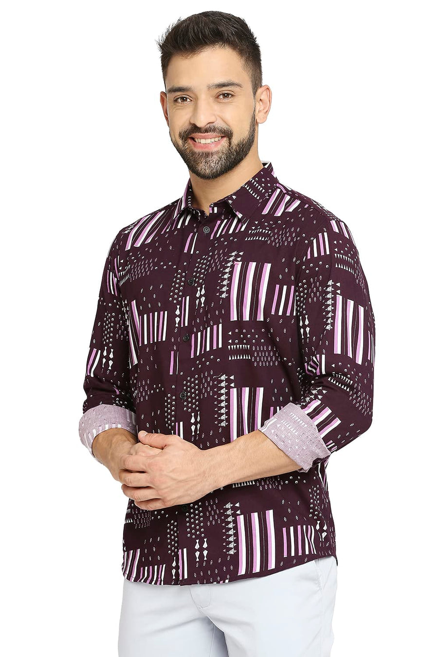 BASICS SLIM FIT MYSTERIOSO PURPLE COTTON VISCOSE PRINTED SHIRT