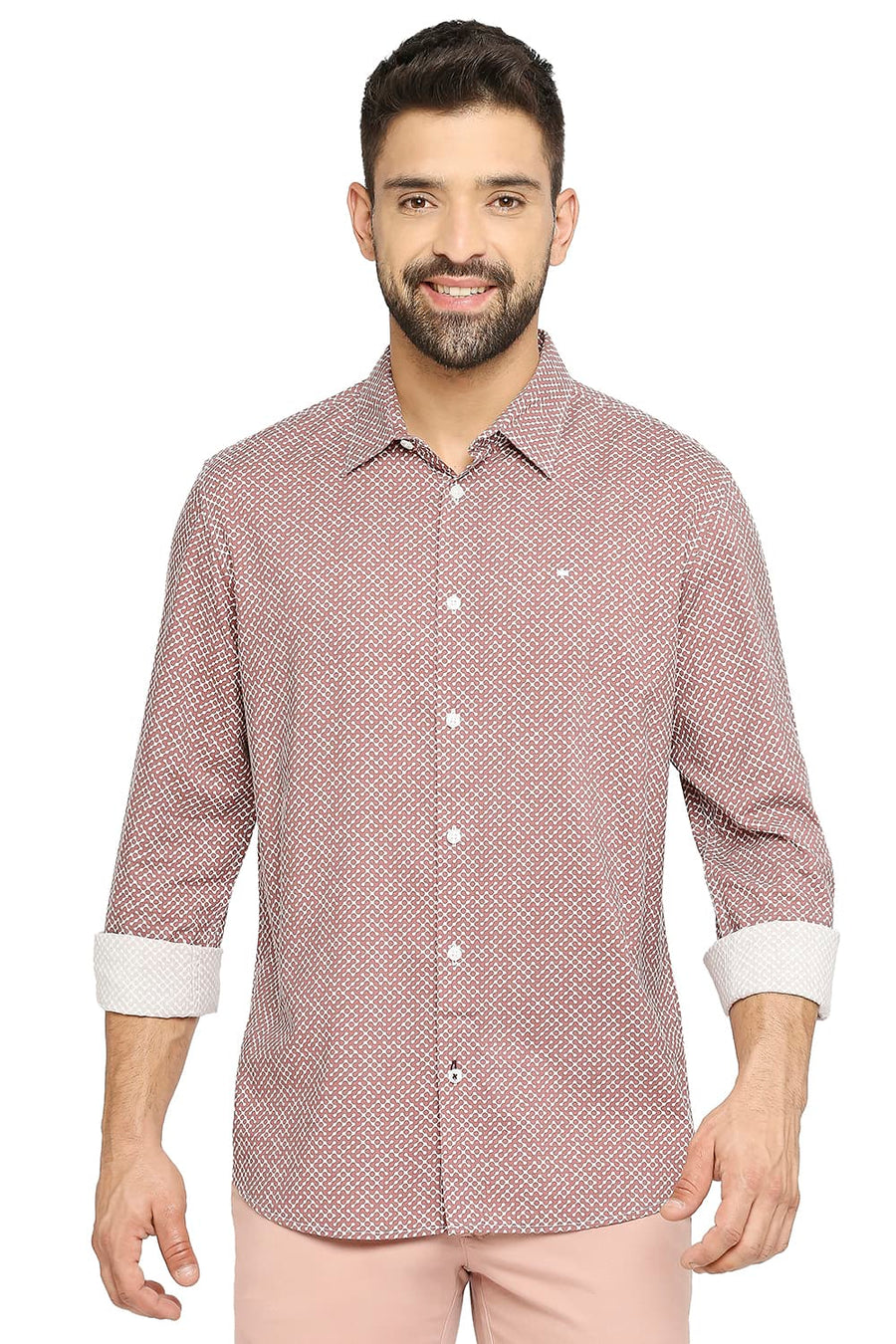 BASICS SLIM FIT CLAY BRICK COTTON VISCOSE PRINTED SHIRT