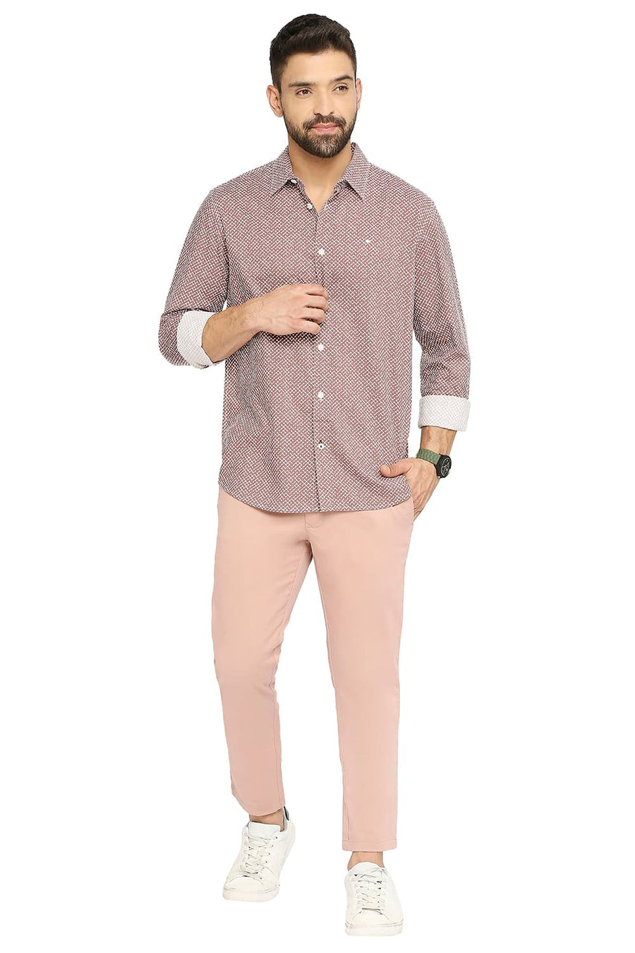 BASICS SLIM FIT CLAY BRICK COTTON VISCOSE PRINTED SHIRT