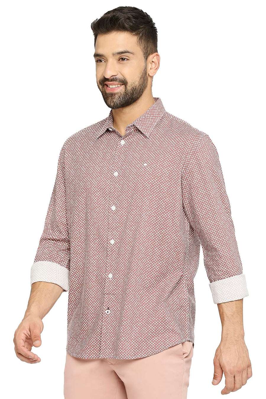 BASICS SLIM FIT CLAY BRICK COTTON VISCOSE PRINTED SHIRT