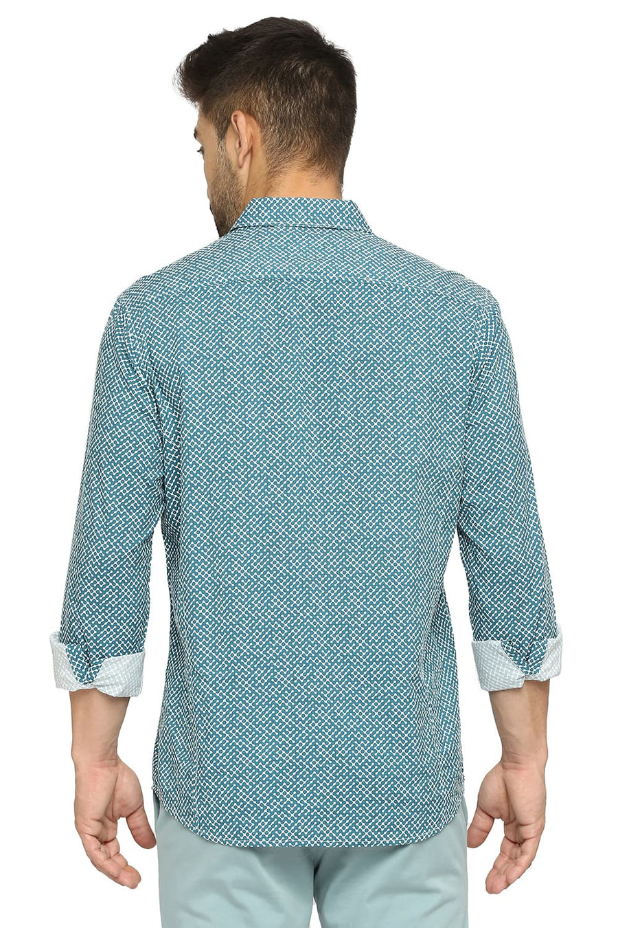 BASICS SLIM FIT COLUMBIA TEAL COTTON VISCOSE PRINTED SHIRT