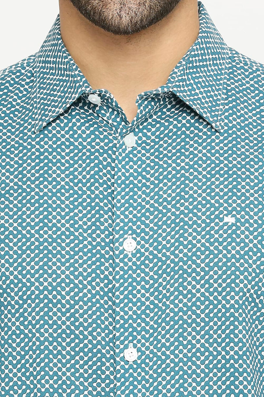 BASICS SLIM FIT COLUMBIA TEAL COTTON VISCOSE PRINTED SHIRT