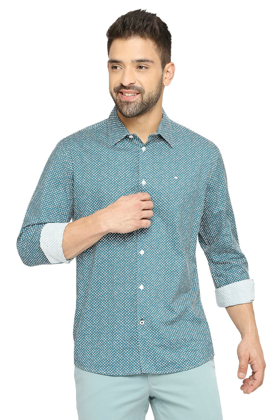 BASICS SLIM FIT COLUMBIA TEAL COTTON VISCOSE PRINTED SHIRT