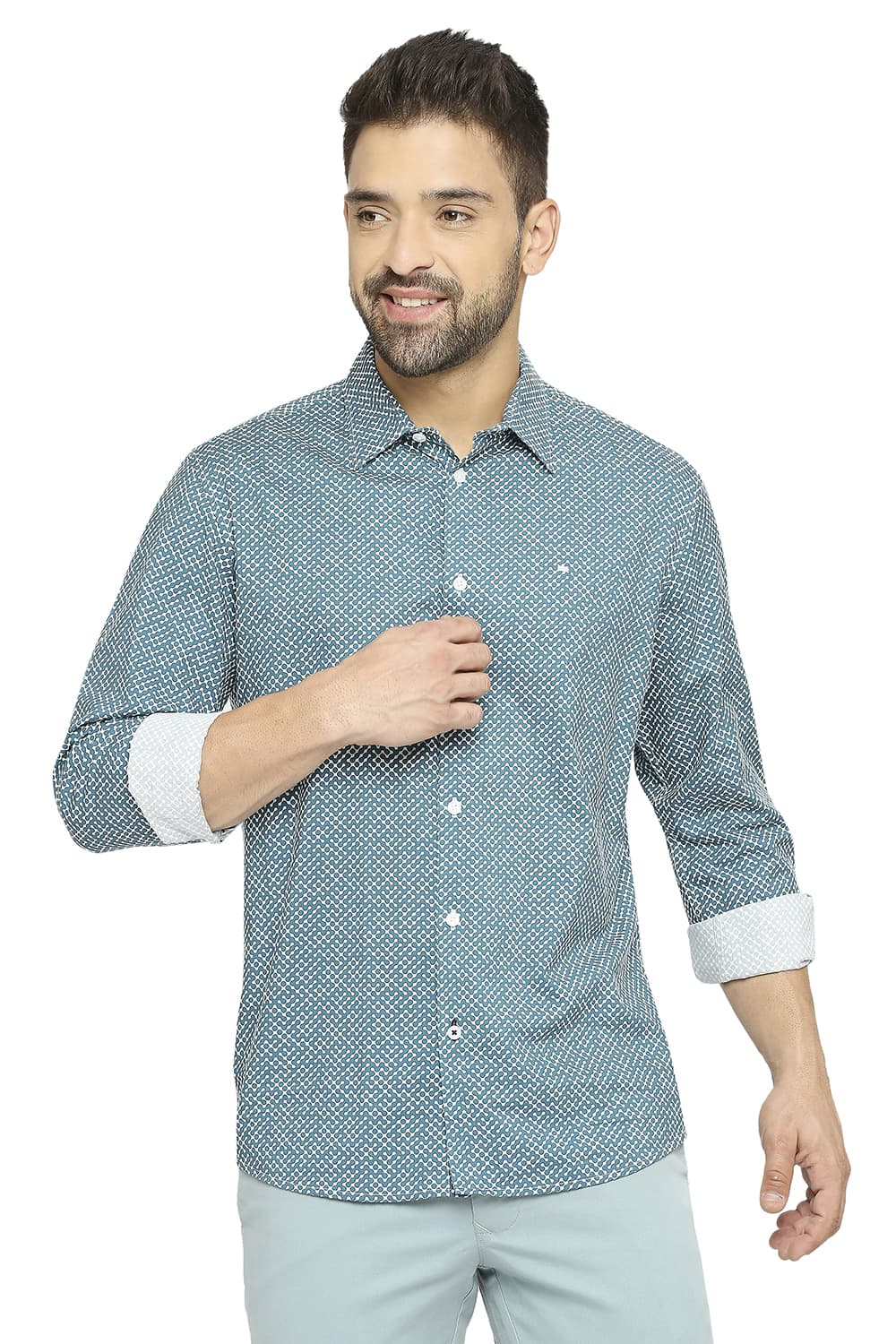 BASICS SLIM FIT COTTON VISCOSE PRINTED SHIRT