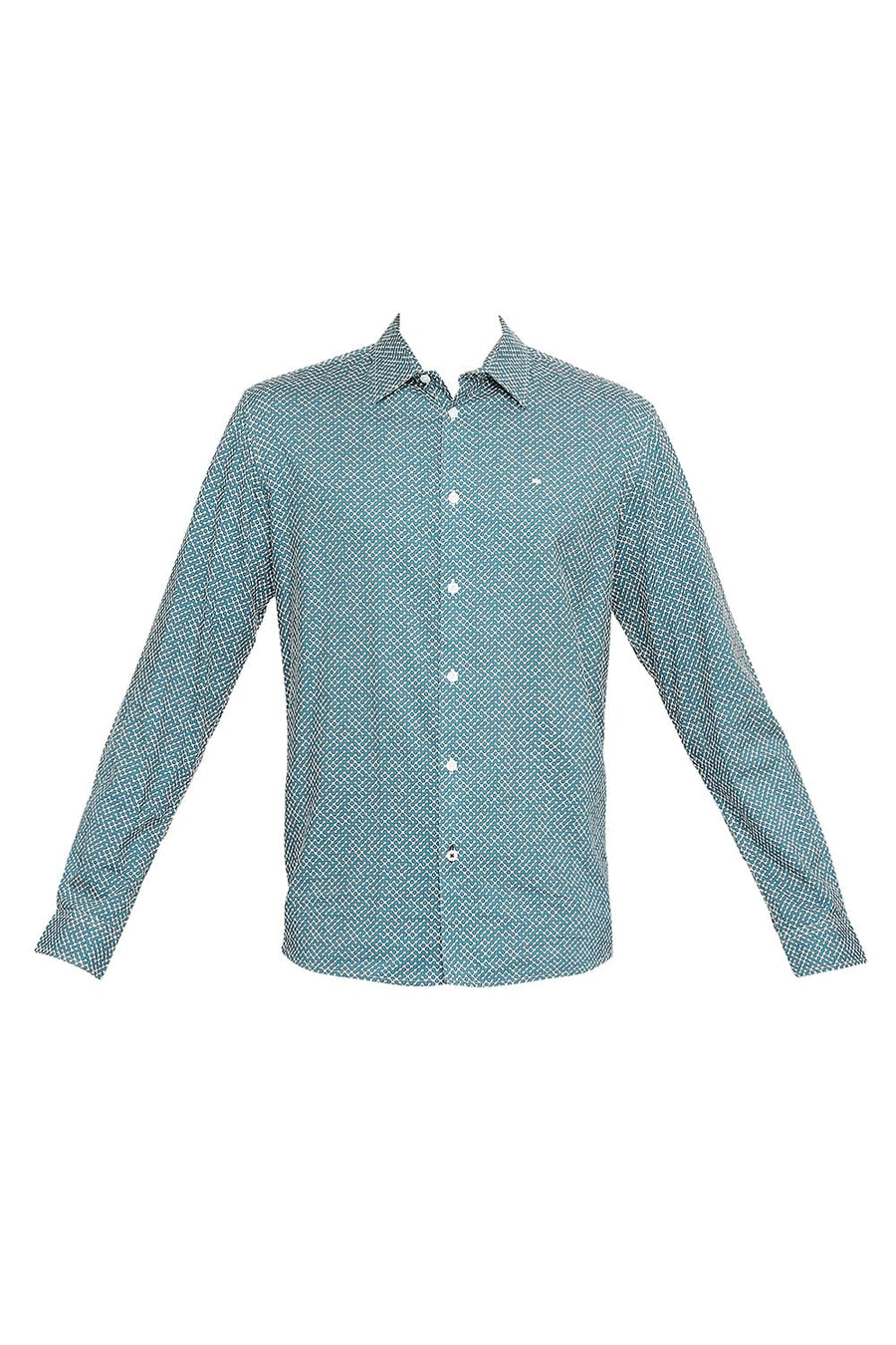 BASICS SLIM FIT COLUMBIA TEAL COTTON VISCOSE PRINTED SHIRT