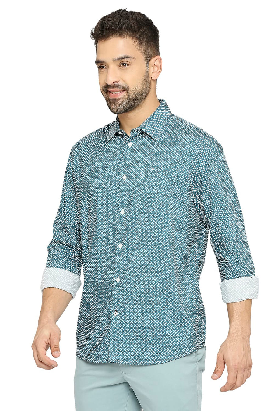 BASICS SLIM FIT COLUMBIA TEAL COTTON VISCOSE PRINTED SHIRT