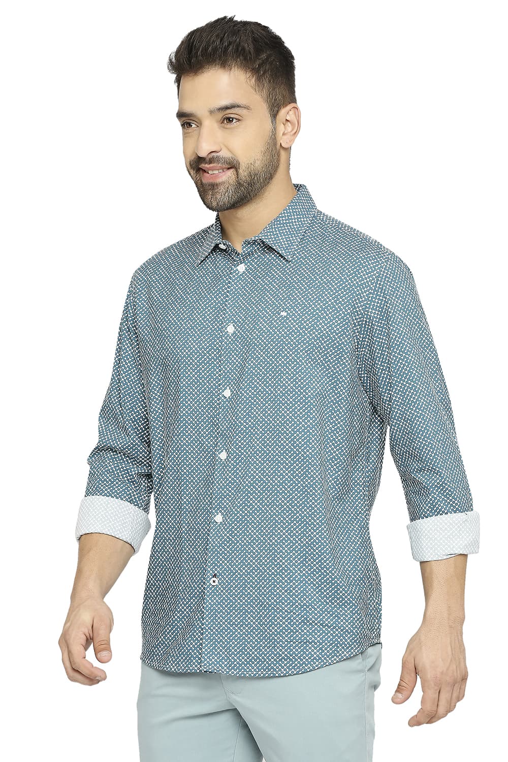 BASICS SLIM FIT COTTON VISCOSE PRINTED SHIRT