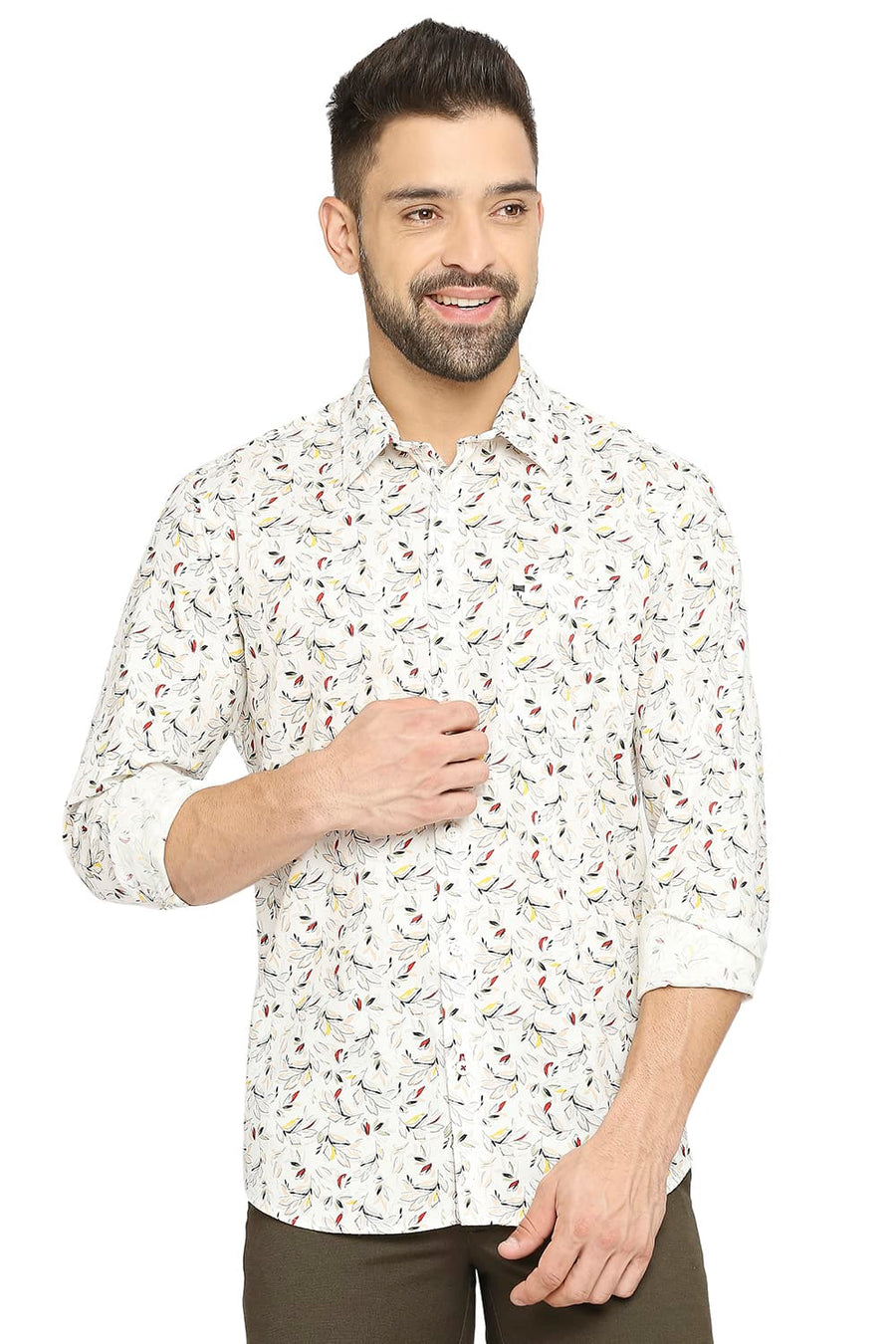 BASICS SLIM FIT DEW WHITE COTTON OXFORD PRINTED SHIRT