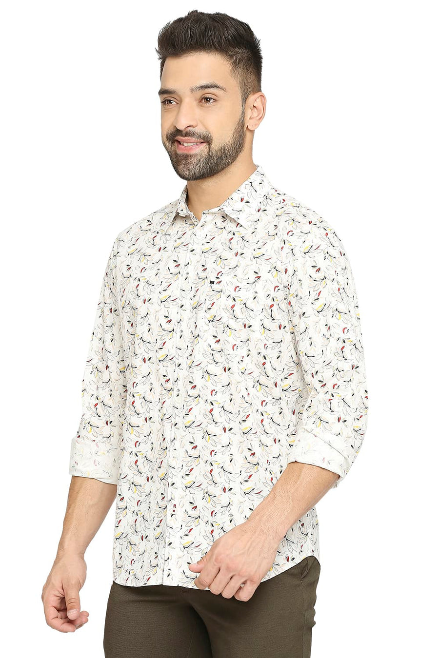 BASICS SLIM FIT DEW WHITE COTTON OXFORD PRINTED SHIRT
