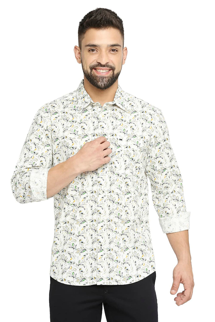 BASICS SLIM FIT WHISPER WHITE COTTON OXFORD PRINTED SHIRT